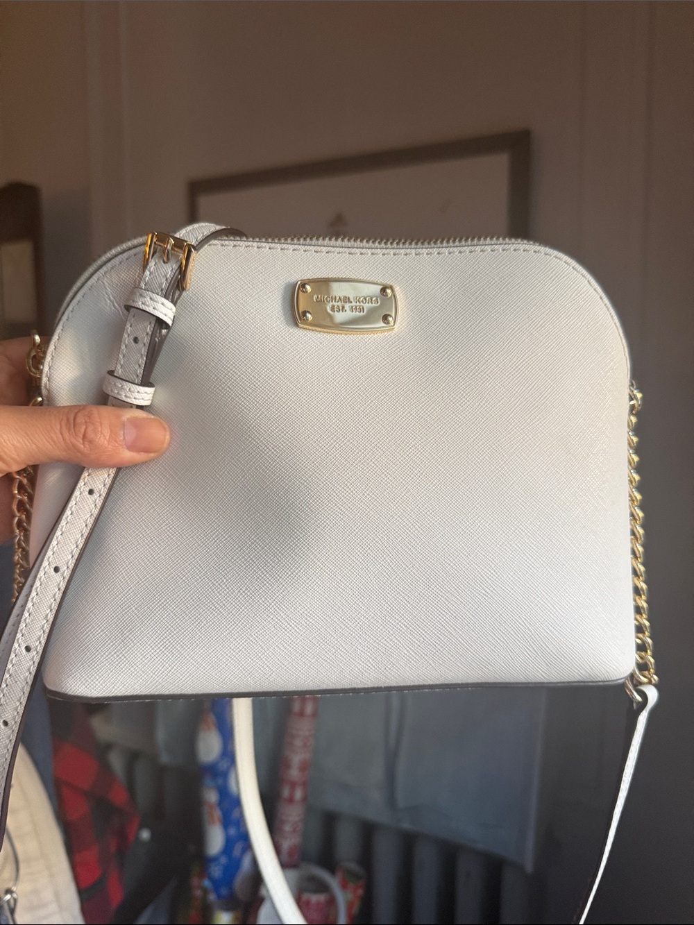 Michael Kors White Saffiano Dome Crossbody with Gold Hardware